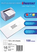 Unistat 38932 Laser Inkjet Copier Labels 105 x 37mm 16 Per Sheet Box 100