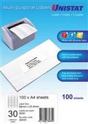 Unistat 38935 Laser Inkjet Copier Labels 64 x 254mm 30 Per Sheet Box 100