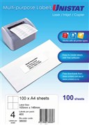 Unistat 38930 Laser Inkjet Copier Labels 105 x 148mm 4 Per Sheet Box 100