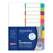 Avery 922005 Customisable Table of Contents Dividers 112 Tab A4 LandscapePortrait Coloured